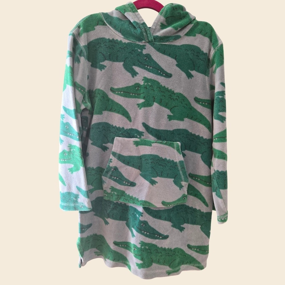 Mini Boden Kids Grey Green Crocodile Terry Cloth Hooded Beach Cover Up 8-9Y